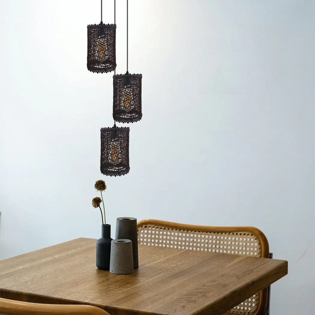 LEDSONE 3 Head Round Base Natural Wicker Rattan Ceiling Pendant Light Shade - Pendant Lights