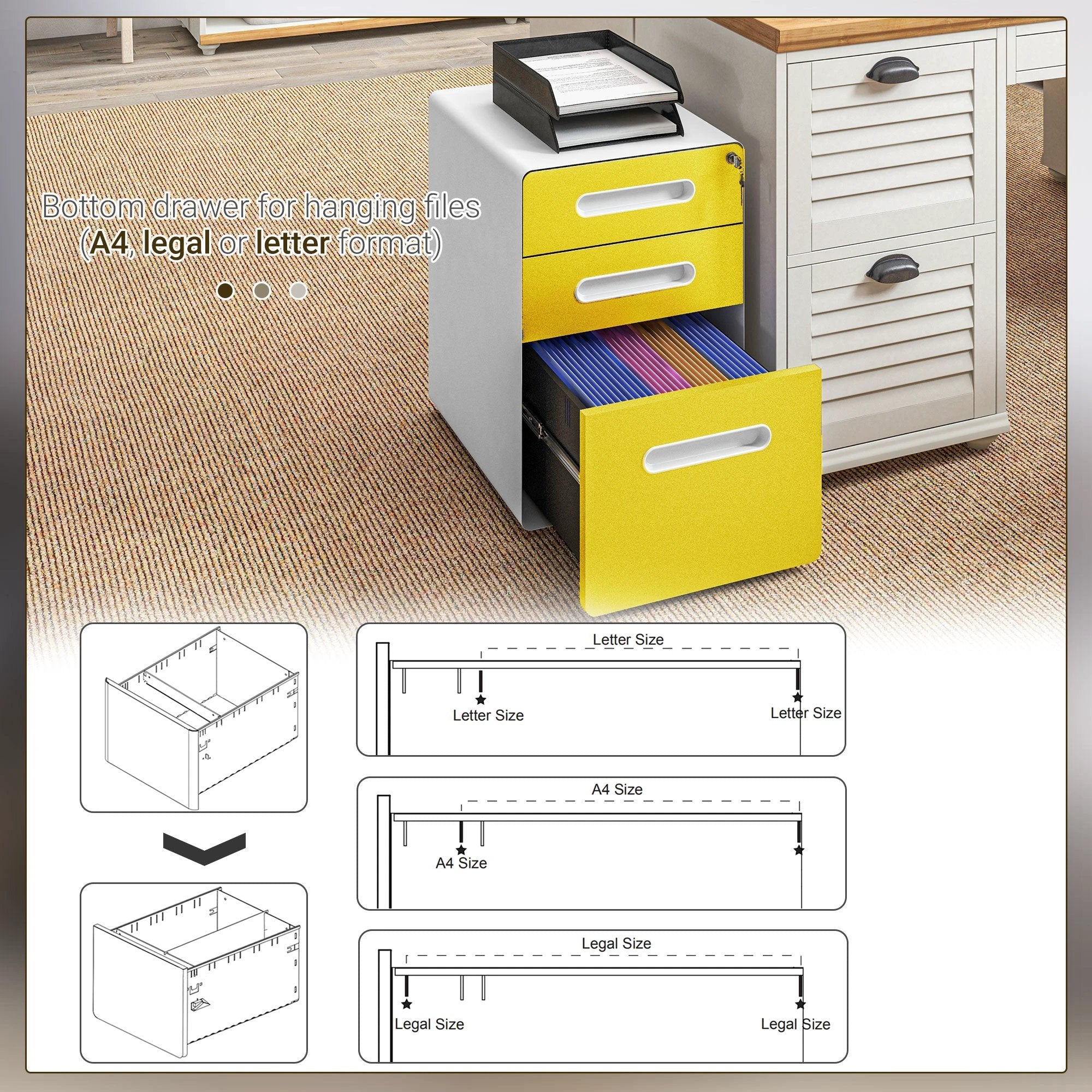 Vinsetto Vinsetto 3 Drawer Modern Steel Filing Cabinet w/ 4 Wheels Lock Box - Filing Cabinet