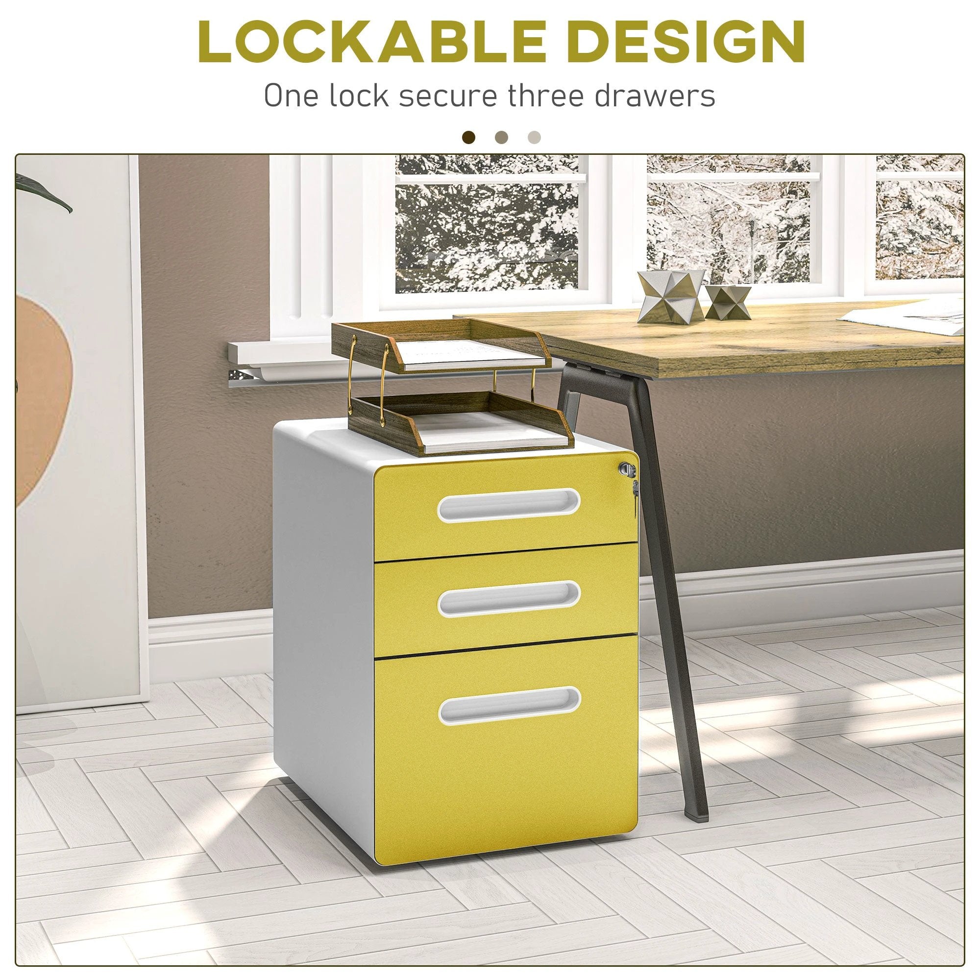 Vinsetto Vinsetto 3 Drawer Modern Steel Filing Cabinet w/ 4 Wheels Lock Box - Filing Cabinet