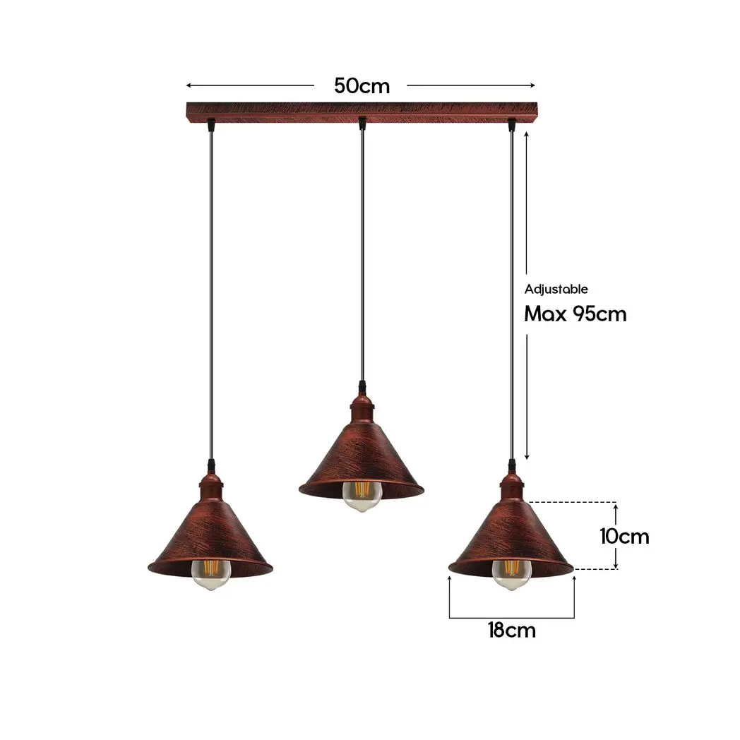 Un-branded Vintage Industrial Rustic Red 3 Head Reactangle Pendant Cord E27 Base Metal Brushed Light Fitting Cone Shape Lamp Shade - Pendant Lights