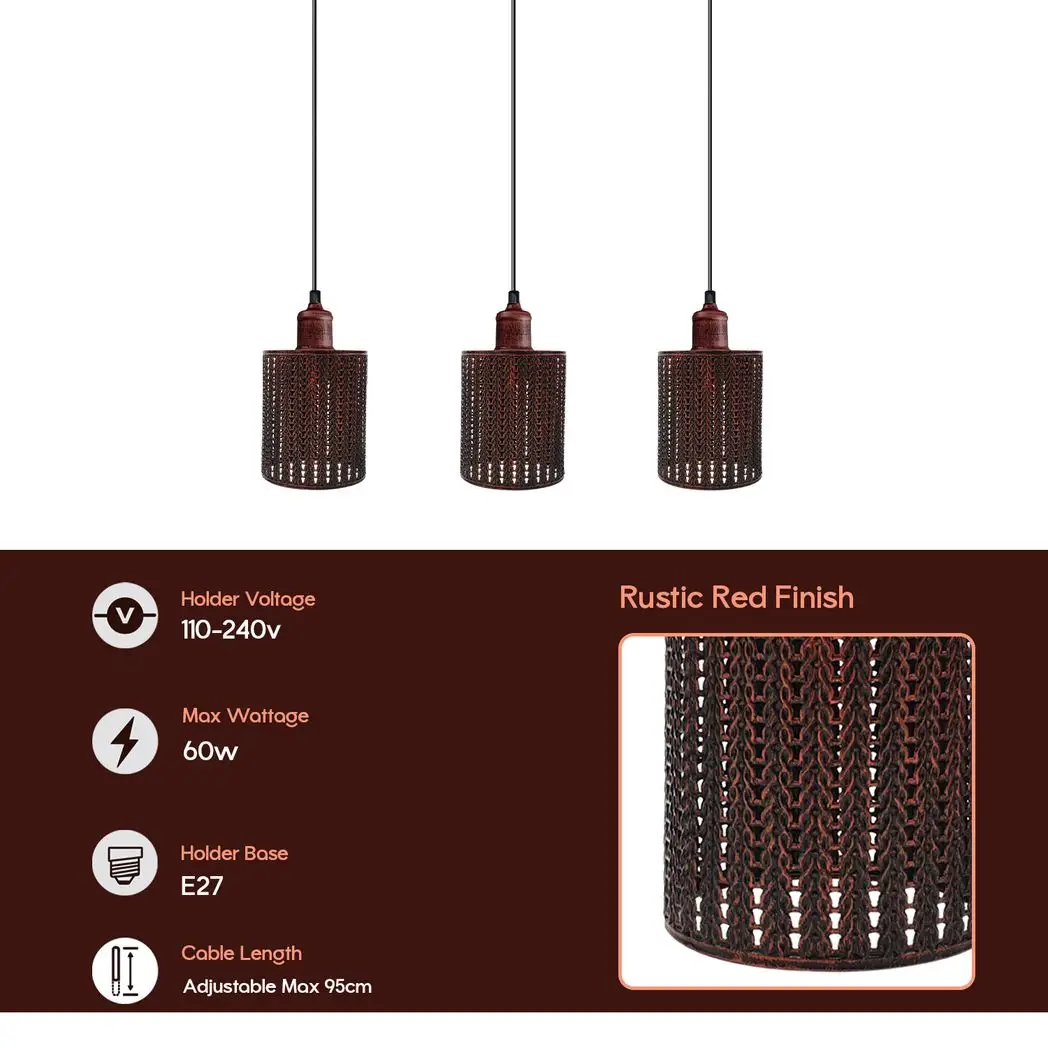 Un-branded Vintage Industrial Rustic Red 3 Head Reactangle Base Pendant Cord E27 Metal Brushed Light Fitting Barel Cage Lamp Shade - Pendant Lights