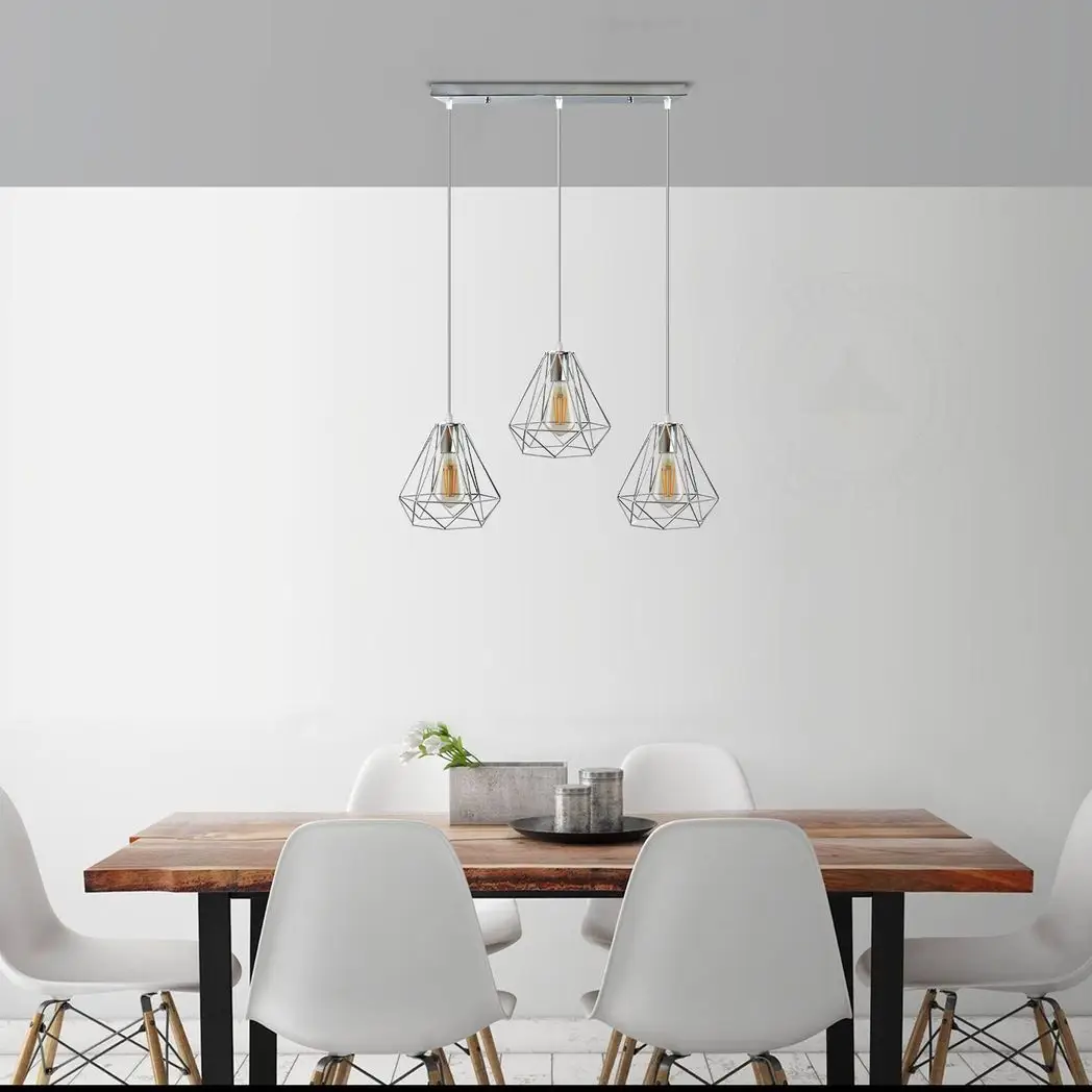 LEDSONE 3 Head Rectangle Base Chrome Vintage Metal 20cm Diamond Wire Cage E27 Base Ceiling Pendant Light - Pendant Lights
