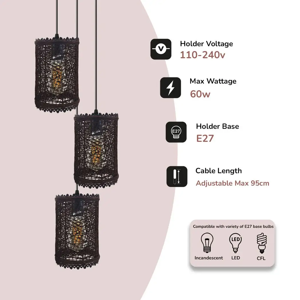 LEDSONE 3 Head Round Base Natural Wicker Rattan Ceiling Pendant Light Shade E27 Base Adjustable cord Lighting Fixture - Pendant Lights