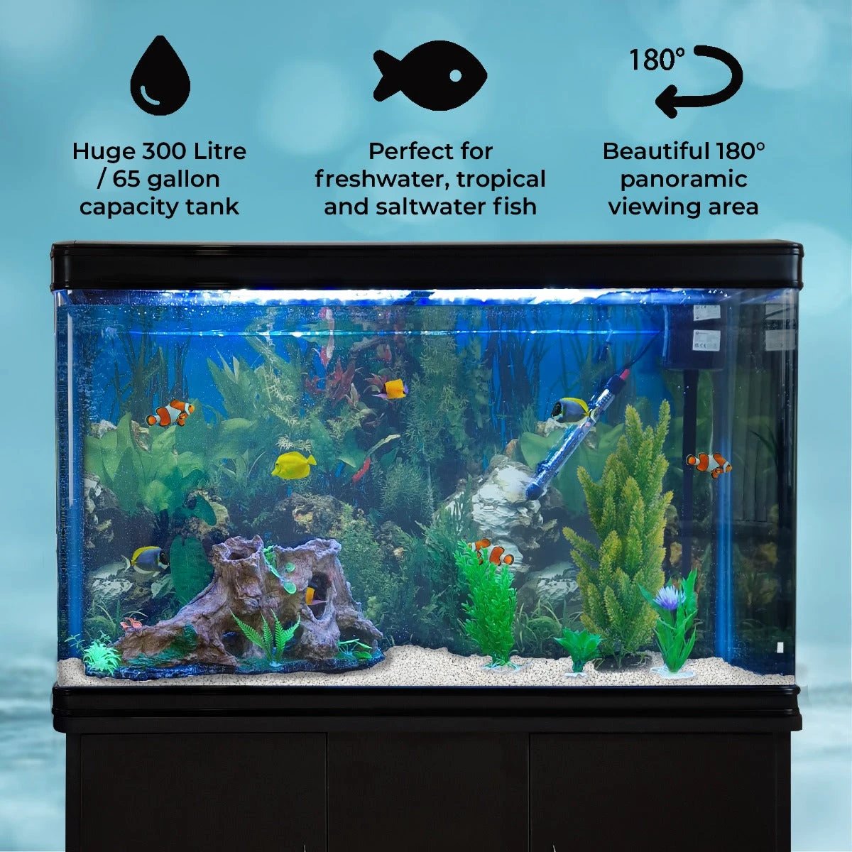 Aquarium Fish Tank & Cabinet with Complete Starter Kit - Black Tank & White Gravel by Monster Shop