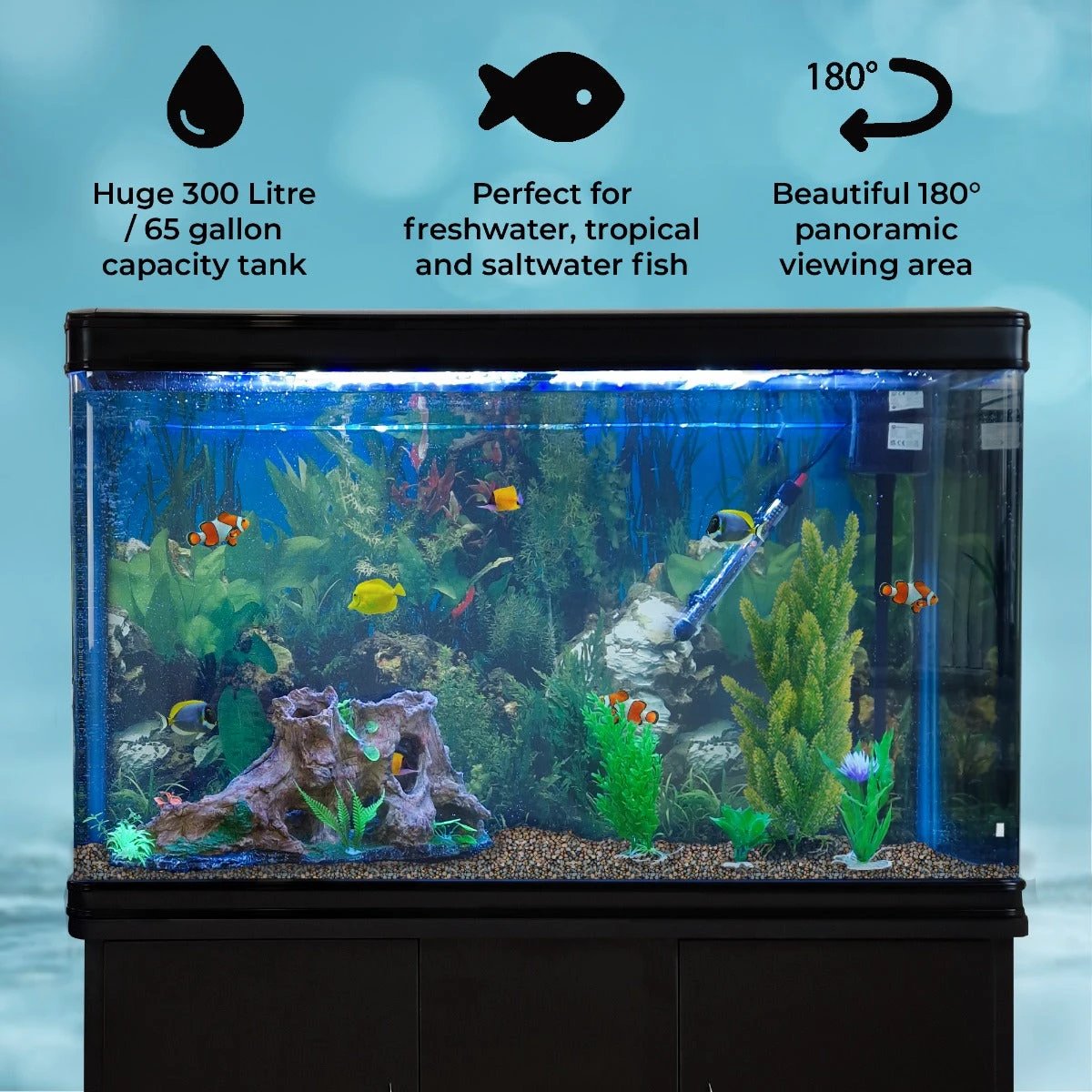 Monster Shop Aquarium Fish Tank & Cabinet with Complete Starter Kit - Black Tank & Natural Gravel -