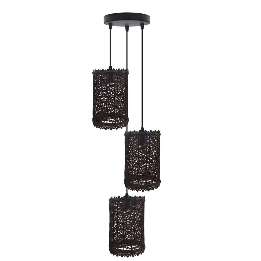 LEDSONE 3 Head Round Base Natural Wicker Rattan Ceiling Pendant Light Shade - Pendant Lights