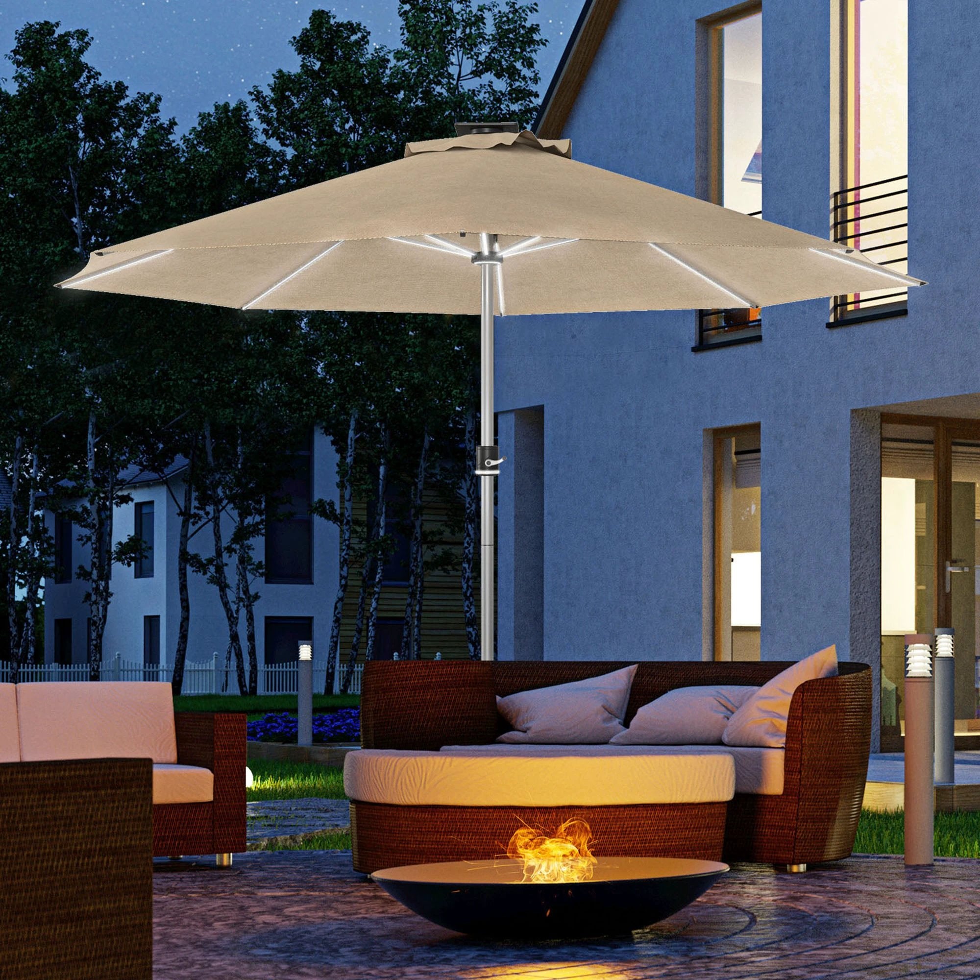 Outsunny Solar Patio Garden Parasol with Lights for Outdoor, Khaki by Outsunny