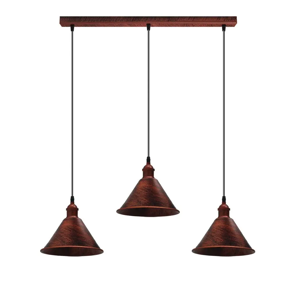 Un-branded Vintage Industrial Rustic Red 3 Head Reactangle Base Pendant Cord E27 Metal Brushed Light Fitting Cone Shape Lamp Shade - Pendant Lights