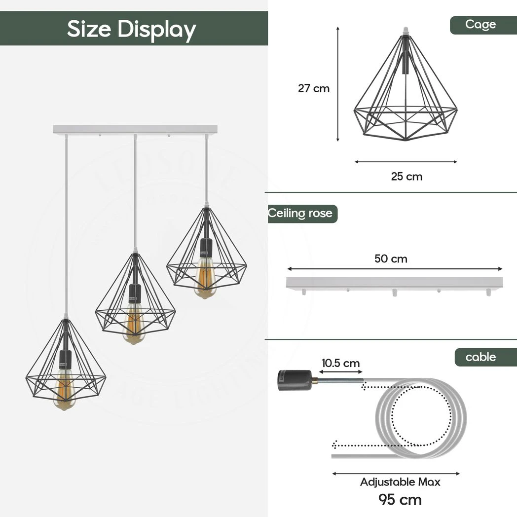 LEDSONE Vintage Pendant Lamp Triple Head Red Cage E27 - Ceiling Lights