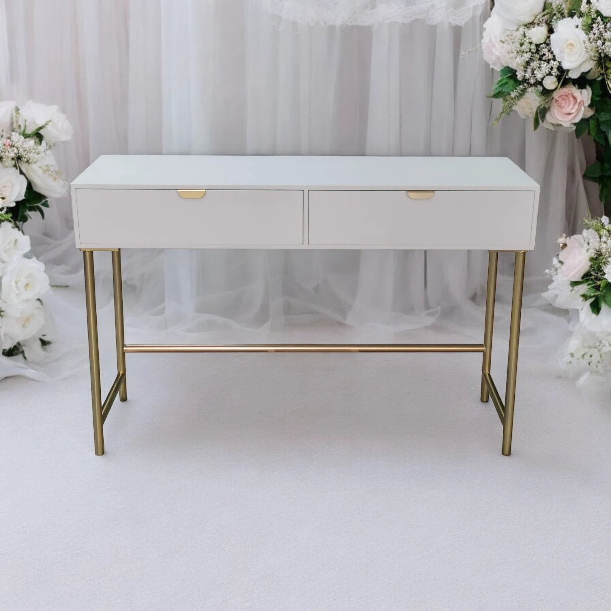 MSL Elegant White Wooden Side Table 120cm Two Drawer Scalloped Edge Gold Leg Bedroom Decor - Chest of Drawers
