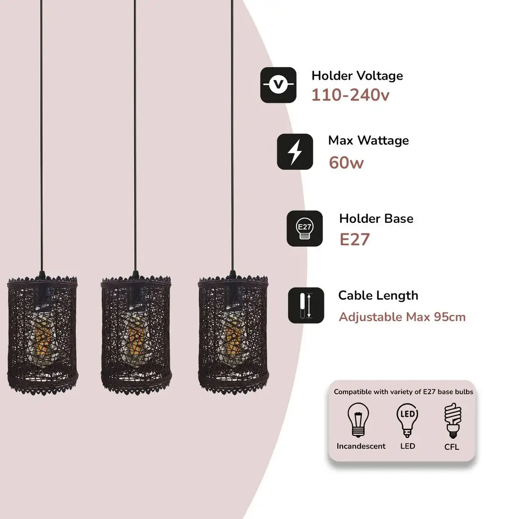 LEDSONE 3 Head Rectangle Base Natural Wicker Rattan Ceiling Pendant Light Shade - Pendant Lights