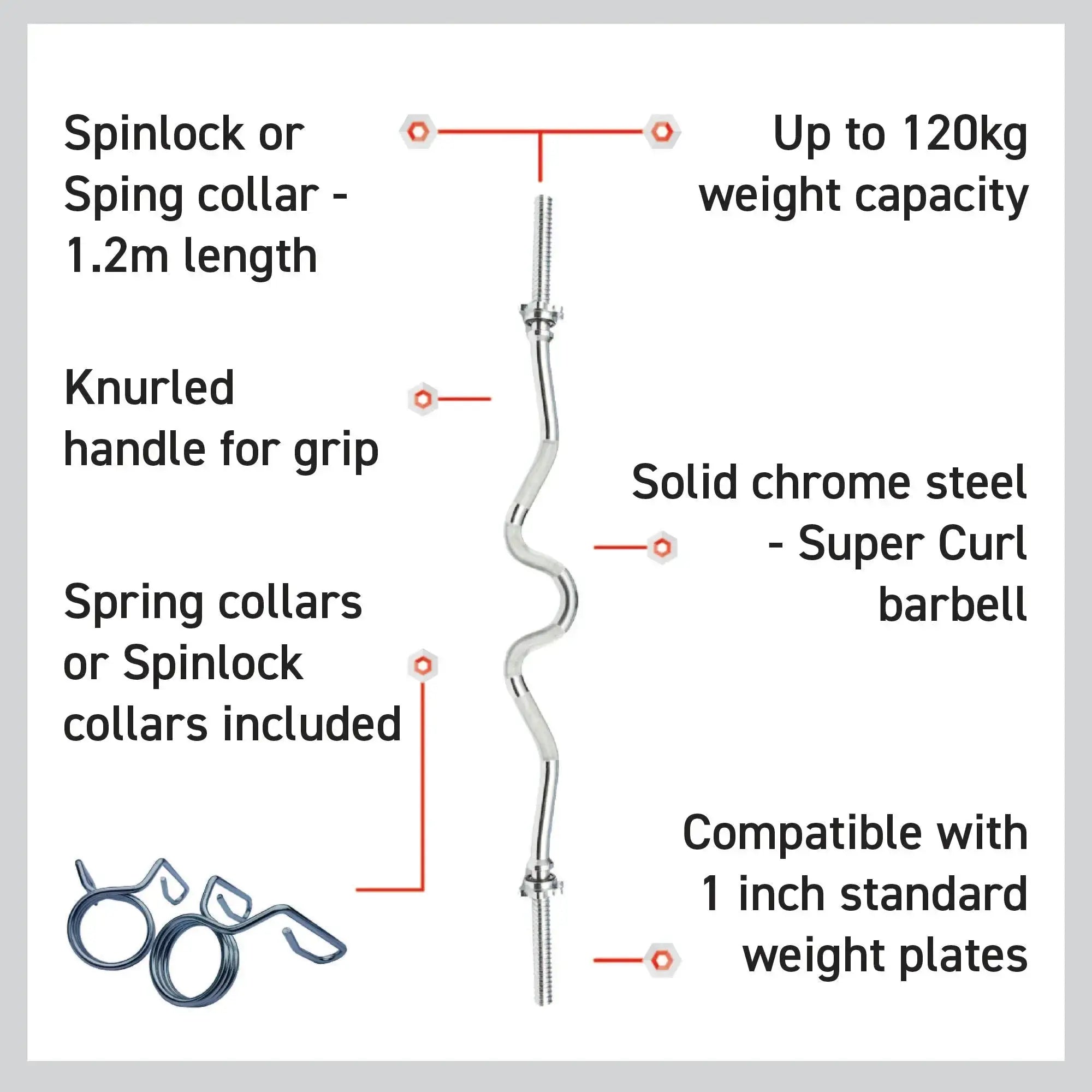 Monster Shop Body Revolution EZ 1" Super Curl Barbell Bar - 1.2m -