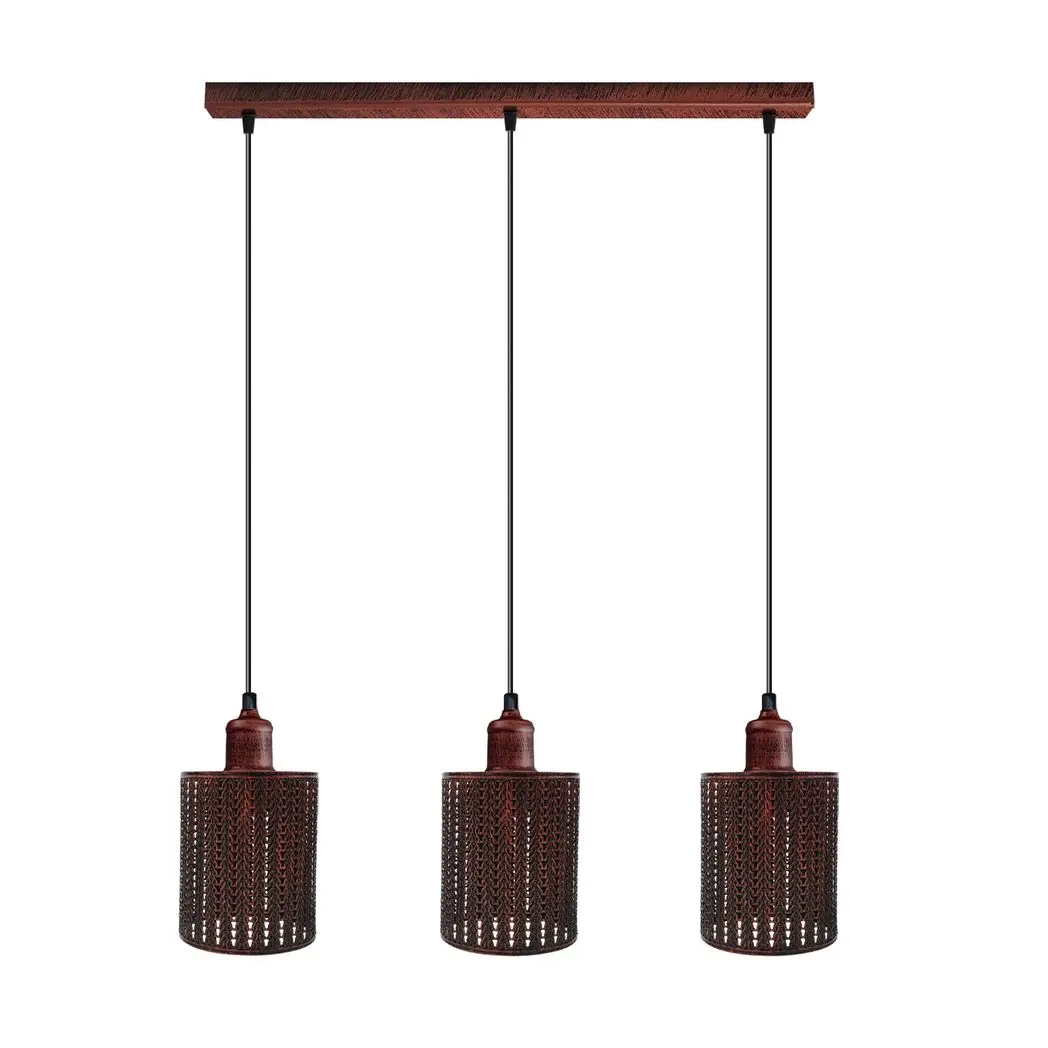 Un-branded Vintage Industrial Rustic Red 3 Head Reactangle Pendant Cord E27 Base Metal Brushed Light Fitting Barel Cage Lamp Shade - Pendant Lights