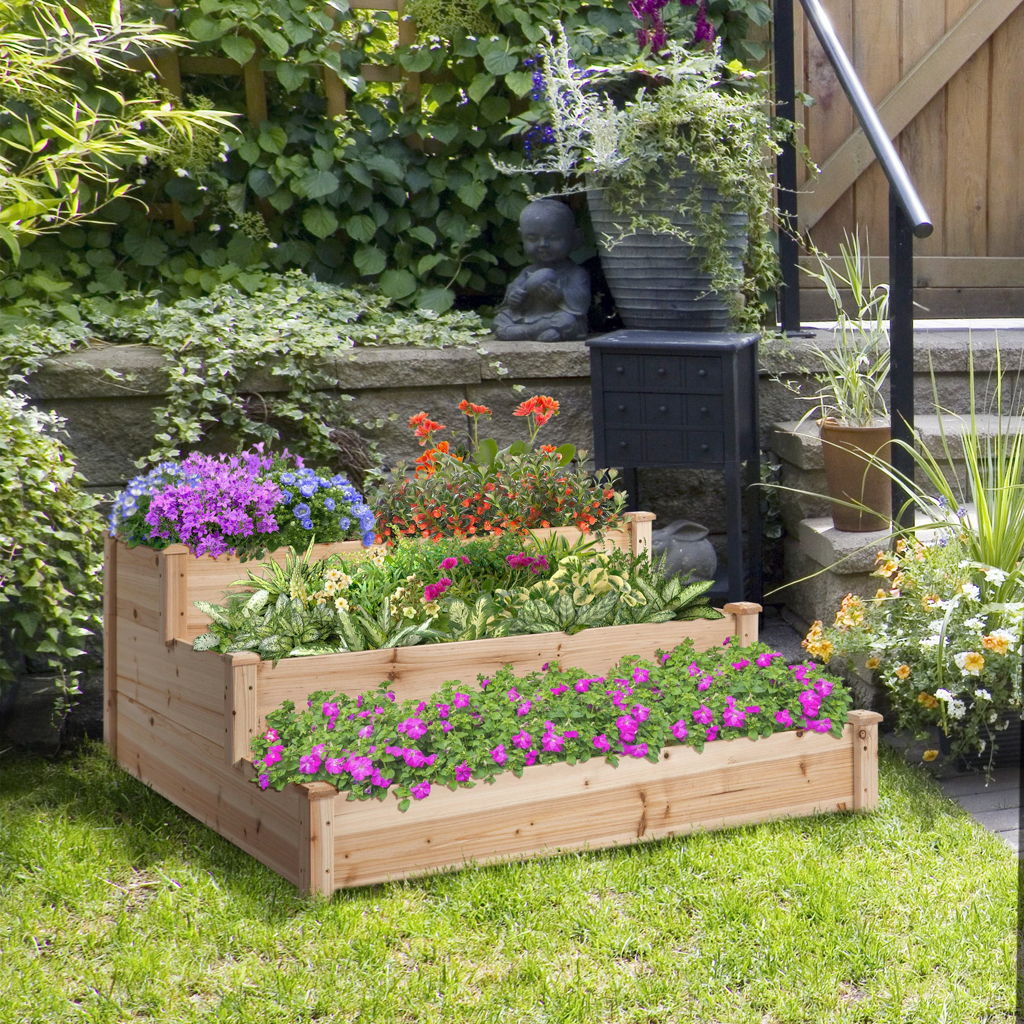 Premium Raised Bed Planter 124x124x56cm Three Tier Garden by Outsunny