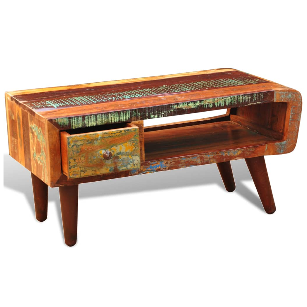 vidaXL VidaXL Coffee Table Reclaimed Wood With Curved Edge And 1 Drawer Antique Style Finish For Living Room - Coffee Table