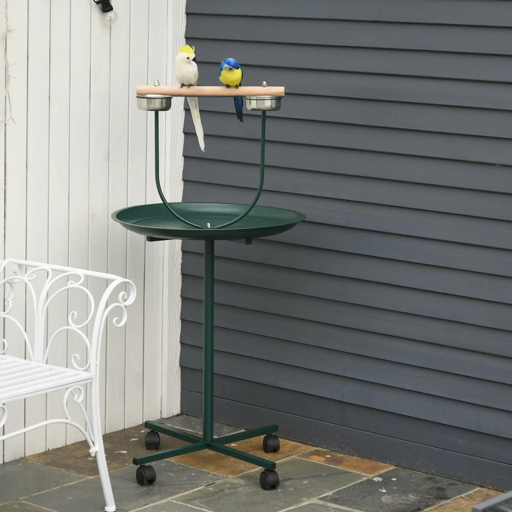 PawHut PawHut Bird Perch Stand, T-Stand Bird Training with Perch, Wheels, Bowls, Green - Bird Feeder
