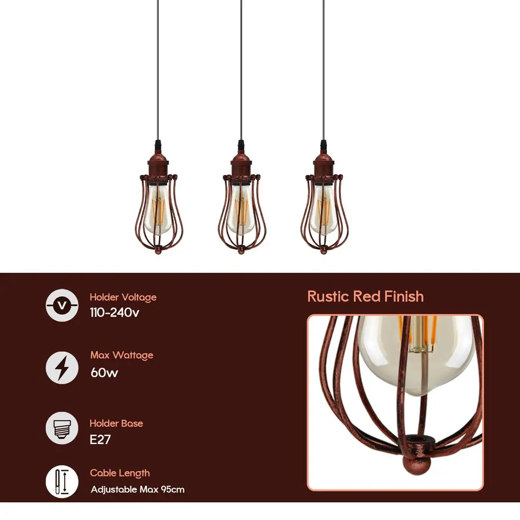 Un-branded Vintage Industrial Rustic Red 3 Head Reactangle Base Pendant Cord E27 Metal Brushed Light Fitting Ballon Cage Lamp Shade - Pendant Lights