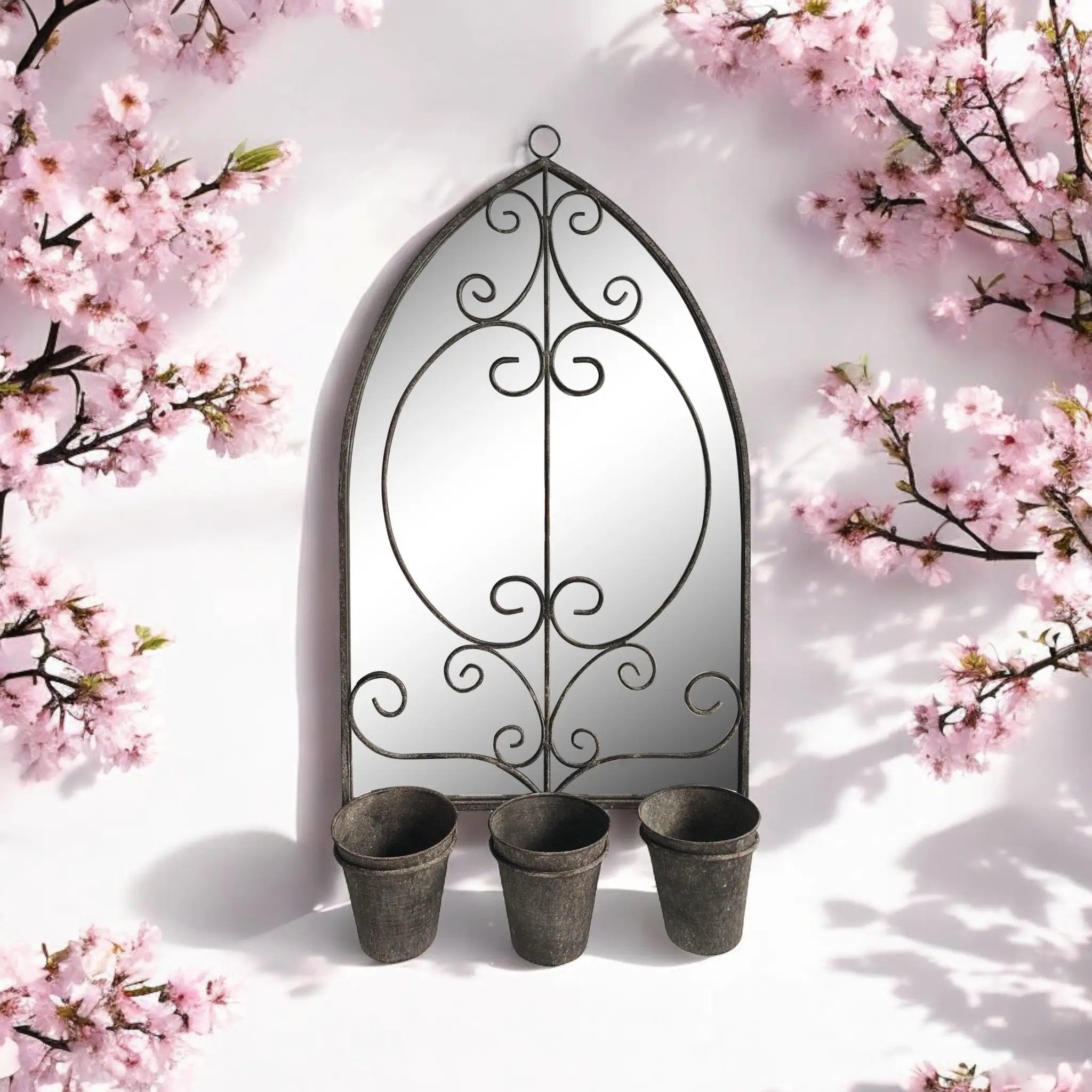 MSL 73CM RUSTY WALL MIRROR WITH TRIPLE PLANTER - Planters