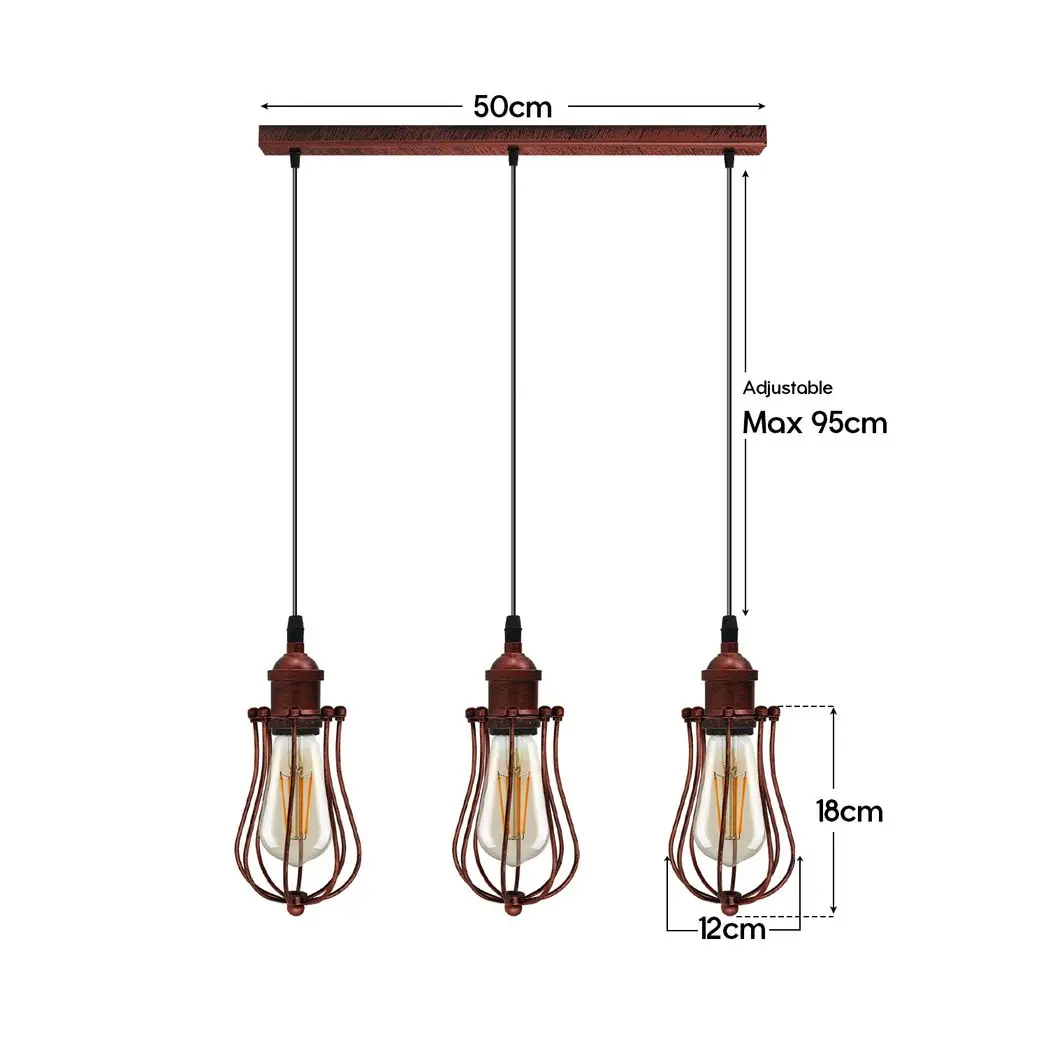 Un-branded Vintage Industrial Rustic Red 3 Head Reactangle Base Pendant Cord E27 Metal Brushed Light Fitting Ballon Cage Lamp Shade - Pendant Lights