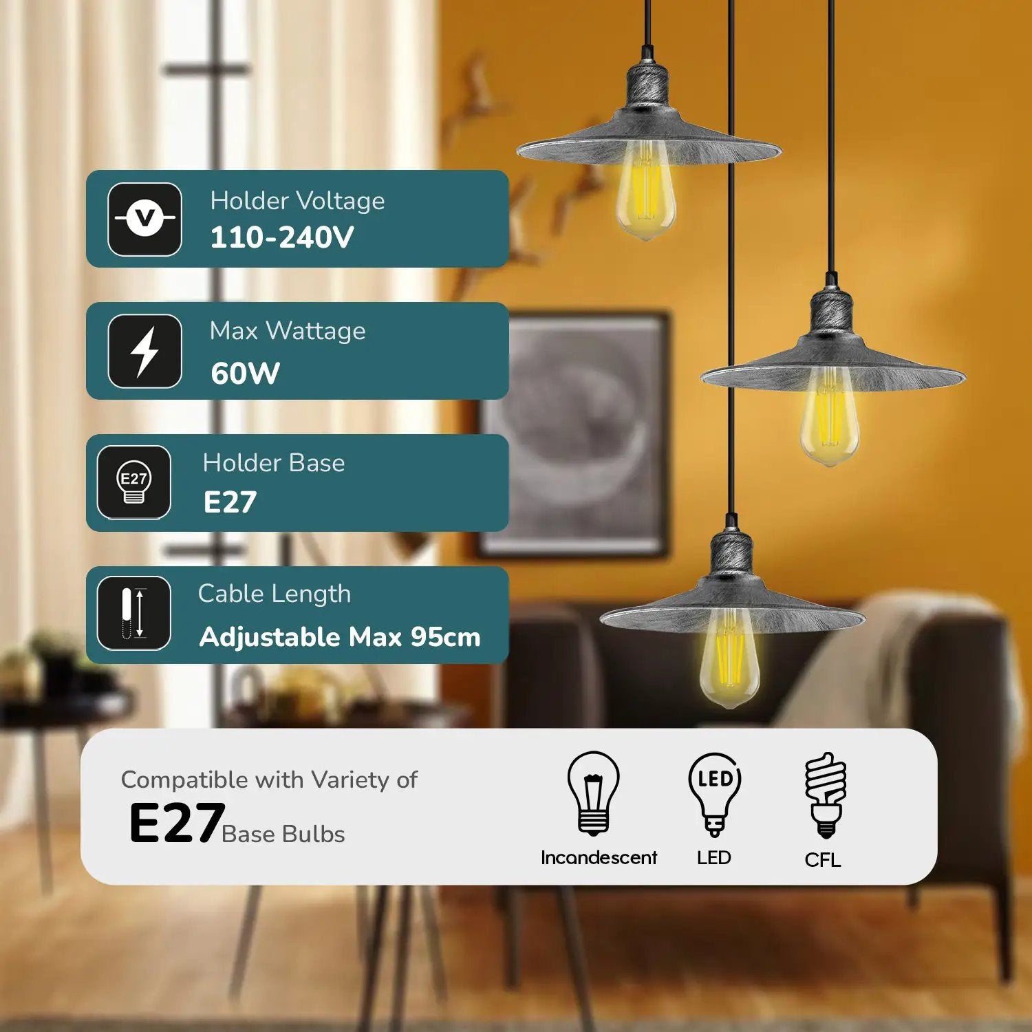 LEDSONE 3 Head Round Base Vintage Ceiling Pendant Light Shade Hanging Lamp - Pendant Lights
