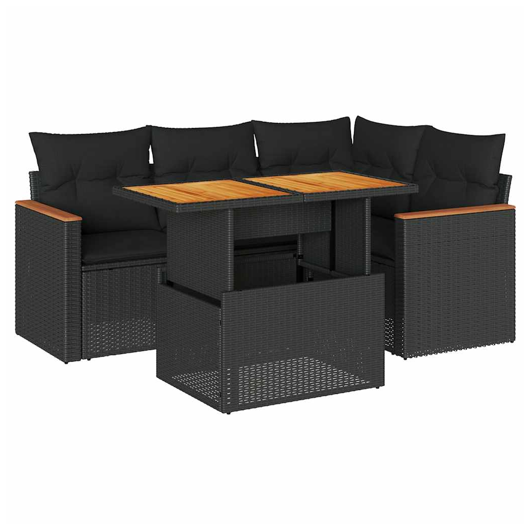 vidaXL vidaXL 5 Piece Garden Sofa Set with Cushions Black Poly Rattan Acacia - Garden Sofa Sets
