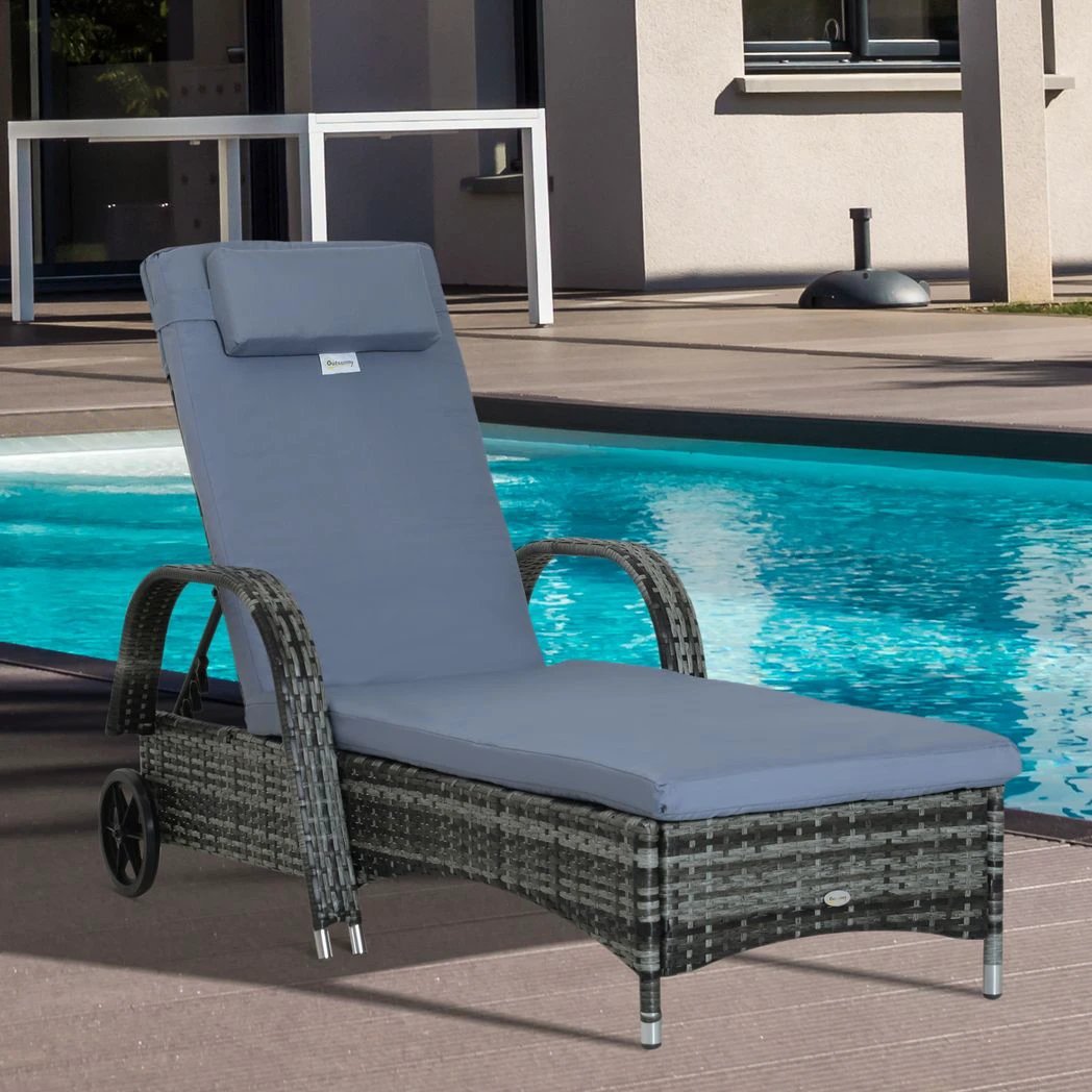 Outsunny Adjustable Rattan Sun Lounger Outdoor Recliner w/ Cushion Garden Pool - Sun Lounger