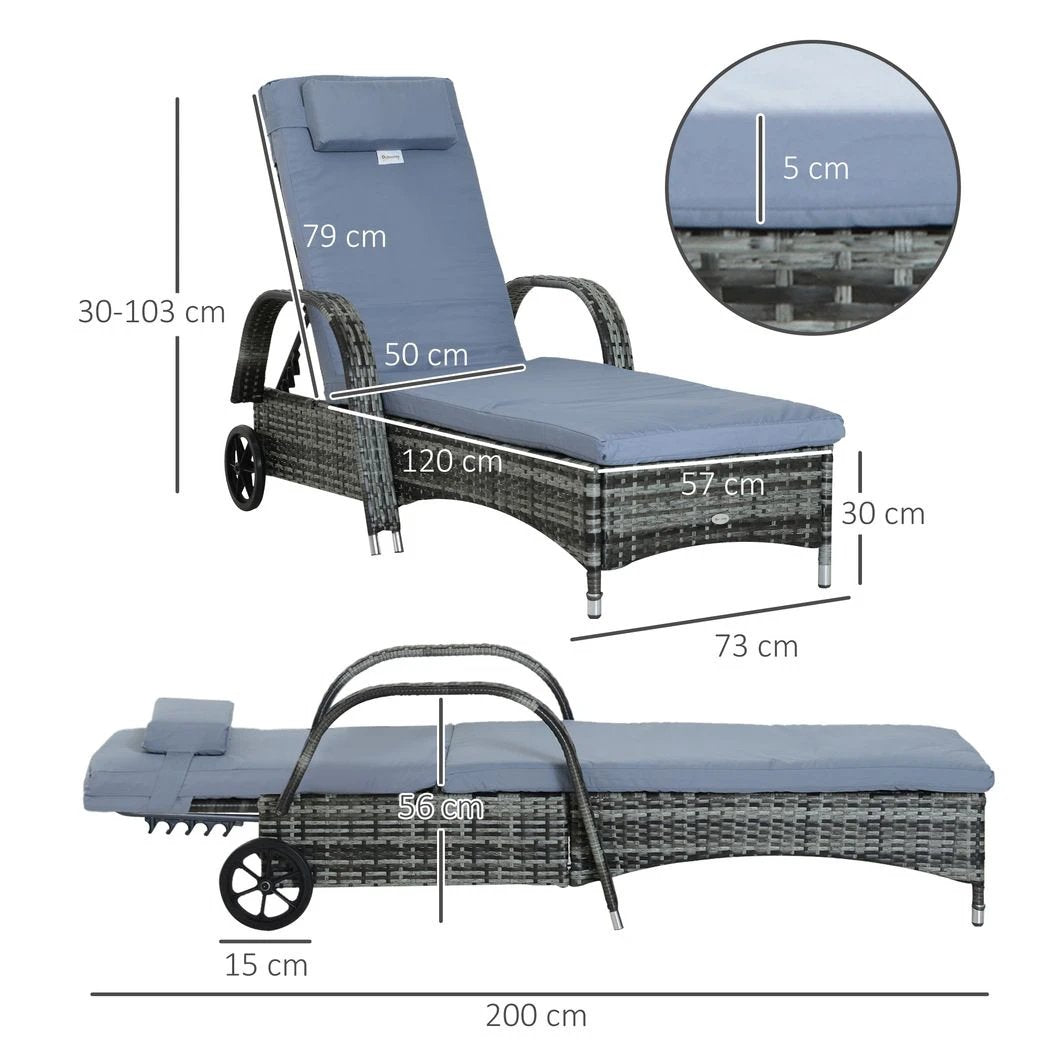 Outsunny Adjustable Rattan Sun Lounger Outdoor Recliner w/ Cushion Garden Pool - Sun Lounger