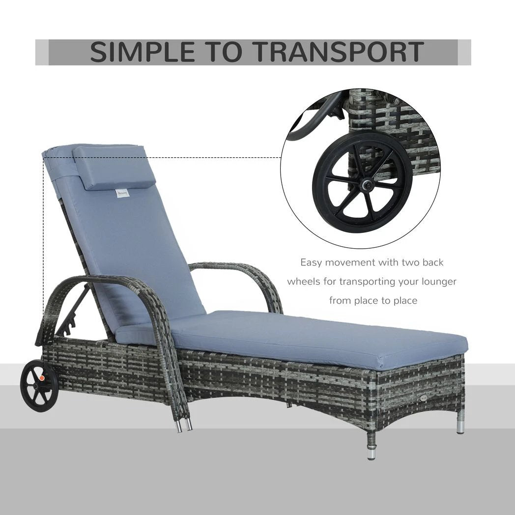 Outsunny Adjustable Rattan Sun Lounger Outdoor Recliner w/ Cushion Garden Pool - Sun Lounger