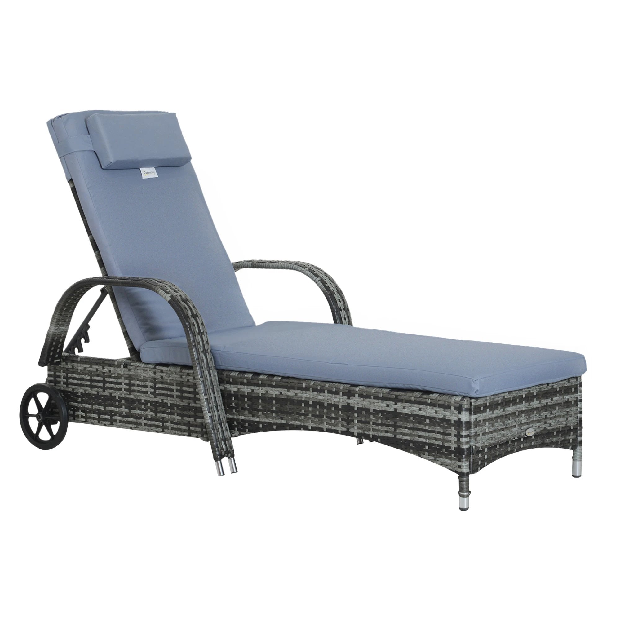 Outsunny Adjustable Rattan Sun Lounger Outdoor Recliner w/ Cushion Garden Pool - Sun Lounger
