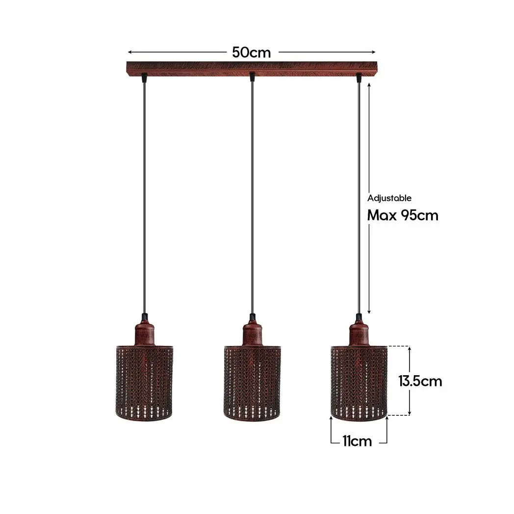 Un-branded Vintage Industrial Rustic Red 3 Head Reactangle Base Pendant Cord E27 Metal Brushed Light Fitting Barel Cage Lamp Shade - Pendant Lights