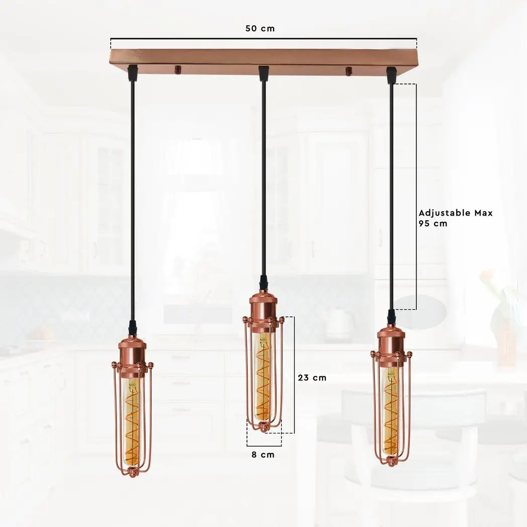 LEDSONE 3 Head Rectangle Rose Gold Ceiling E27 Pendant Light with Wire Cage, Industrial Vintage Hanging Lamp Fixture - Pendant Lights