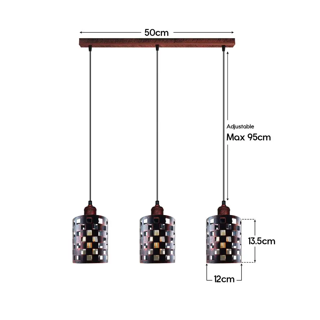 Un-branded Vintage Industrial Rustic Red 3 Head Reactangle Base Pendant Cord E27 Metal Brushed Light Fitting Barel Cage Lamp Shade - Pendant Lights