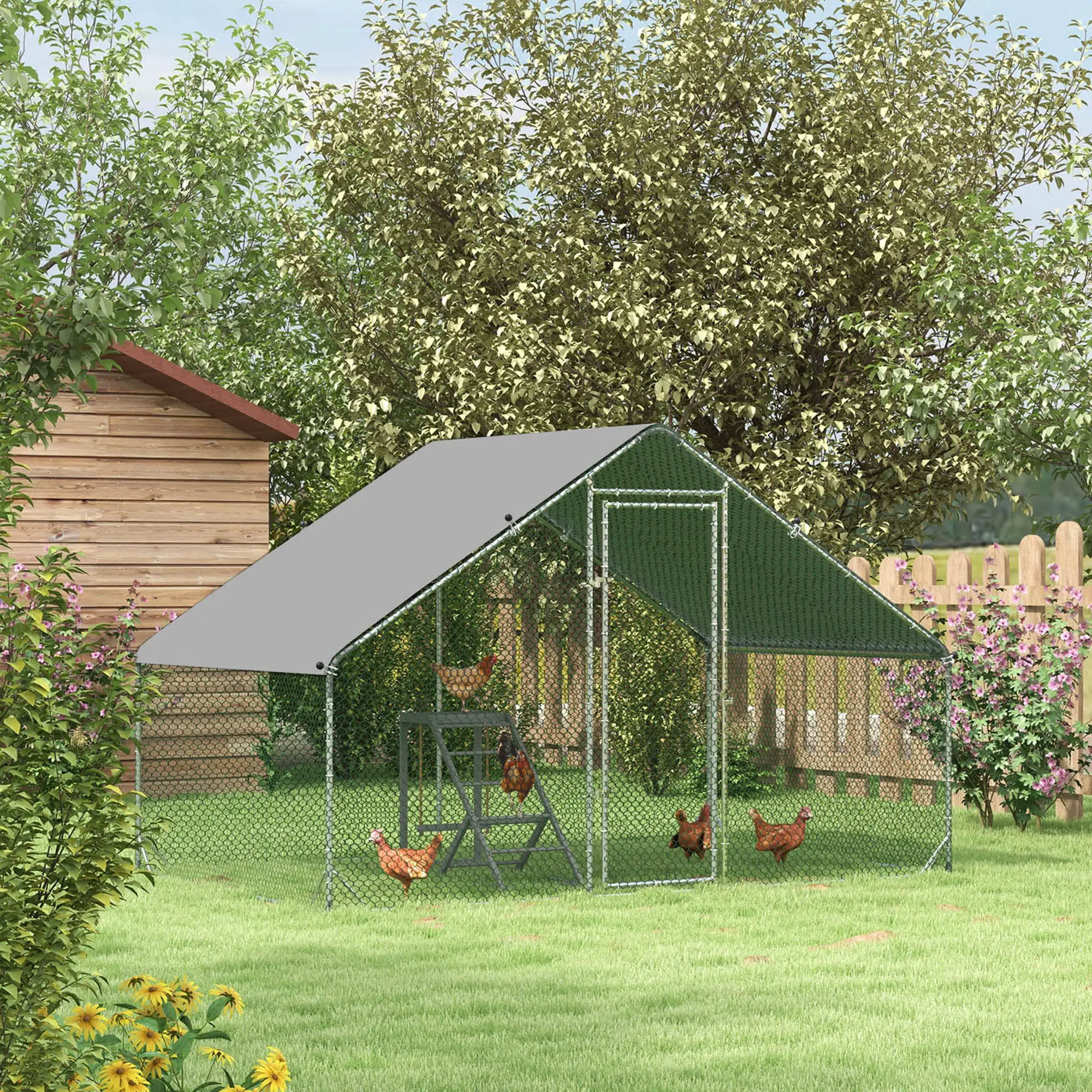 Pawhut Walk In Chicken Run Galvanized Chicken Coop Hen House w/ Water-Resist Cover - Chicken Coop