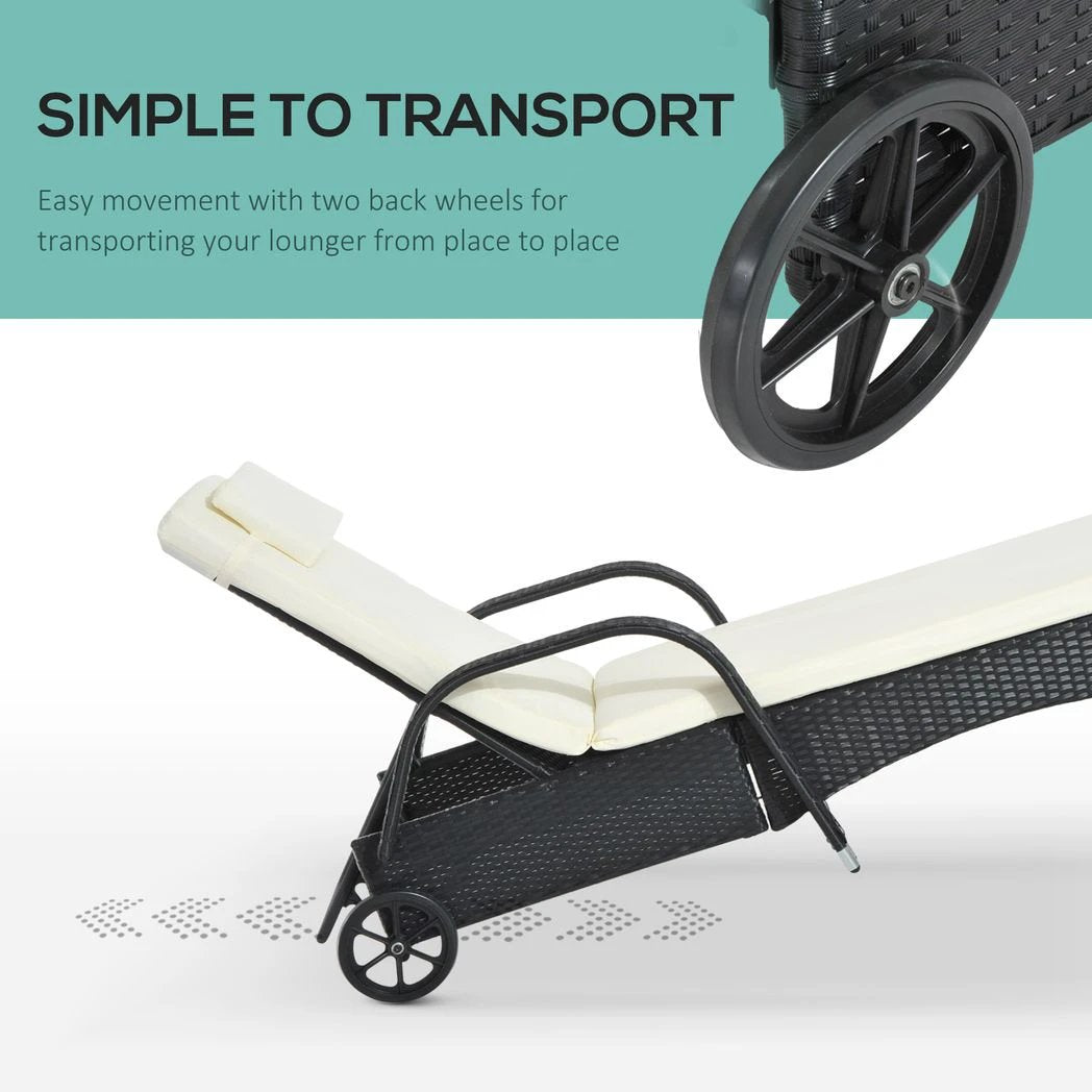 Outsunny Adjustable Rattan Sun Lounger Outdoor Recliner w/ Cushion Garden Pool - Sun Lounger