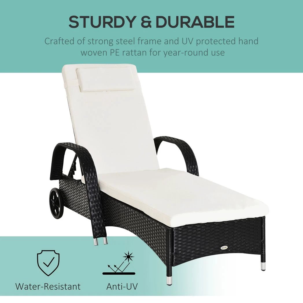 Outsunny Adjustable Rattan Sun Lounger Outdoor Recliner w/ Cushion Garden Pool - Sun Lounger