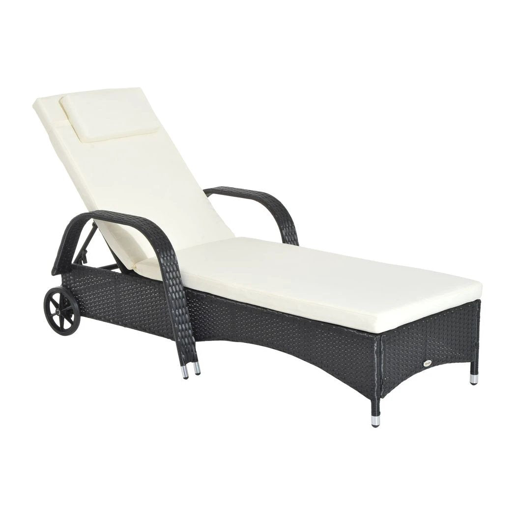 Outsunny Adjustable Rattan Sun Lounger Outdoor Recliner w/ Cushion Garden Pool - Sun Lounger