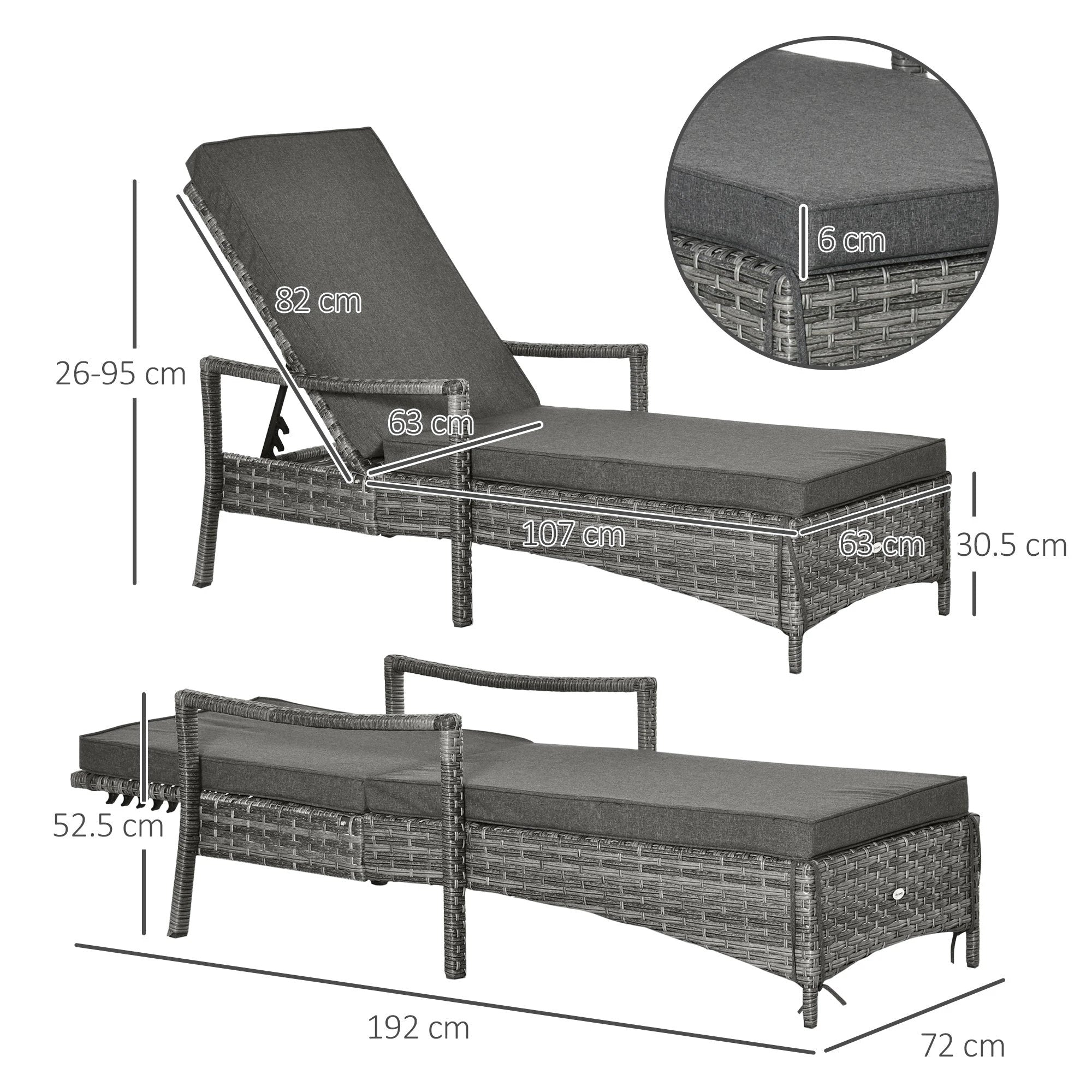 Rattan Single Sun Lounger Reclining Chair 4 Adjustable Backrest & Cushion Grey by Outsunny