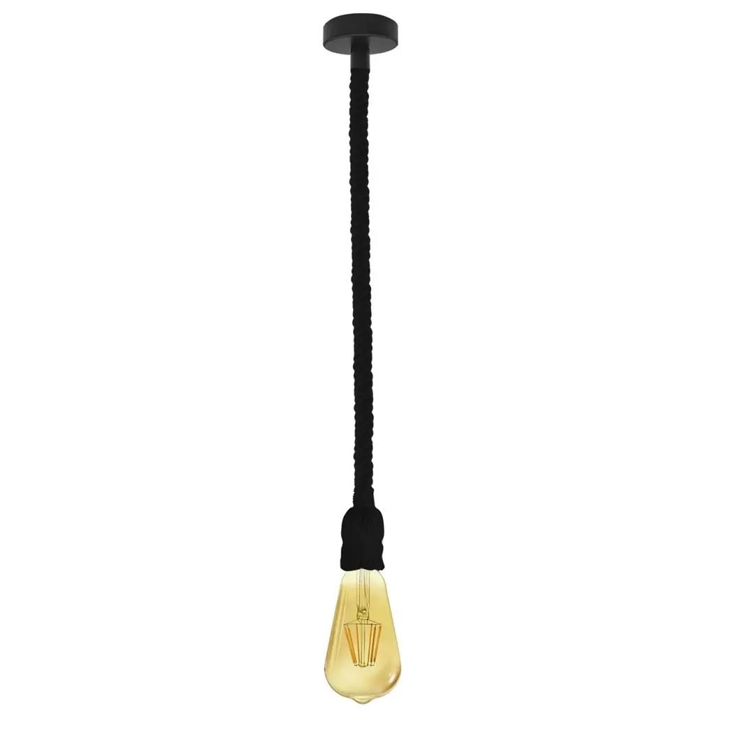 Industrial Retro Hemp Rope Pendant Light, 1m Black E27 Hanging Lamp for Living Room, Cafe, Bar.