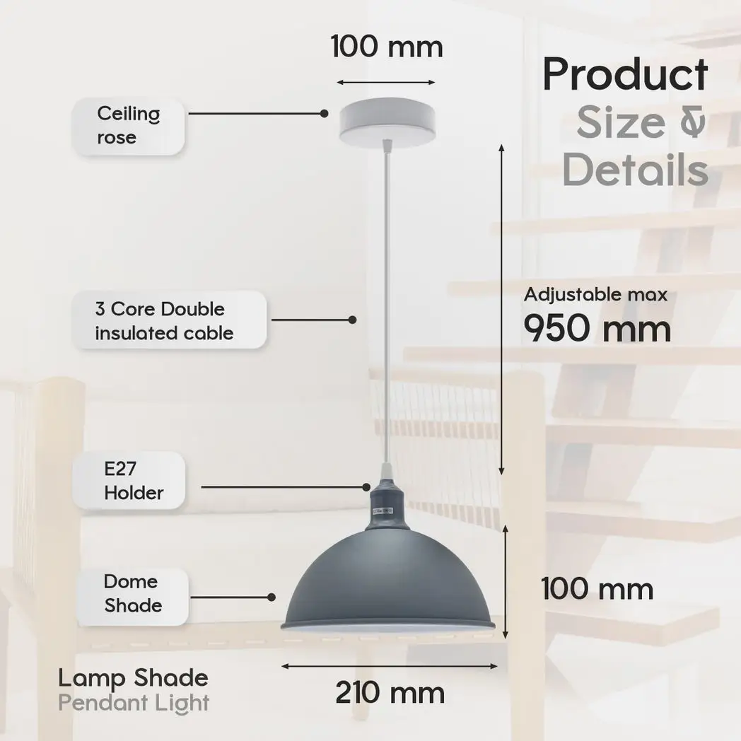 Un-branded 2Pack Dome Shaped Grey Loft Style Sturdy Metal Lamp Shade Pendant Lights 21cm Bottom Spray Painted Finish Inner White - Ceiling Lights