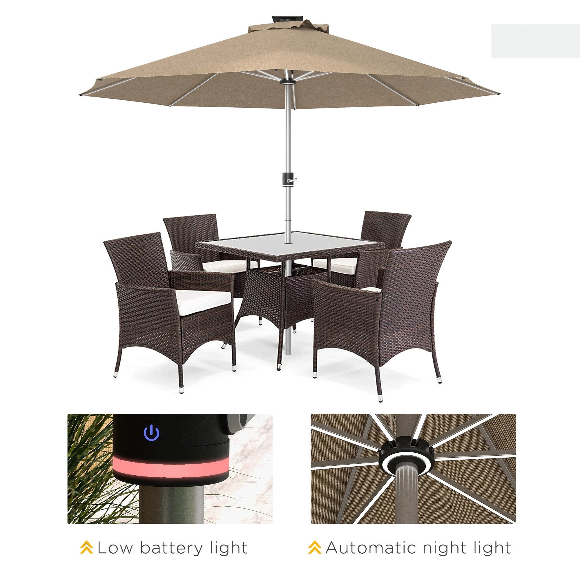 Outsunny Solar Patio Garden Parasol with Lights for Outdoor, Khaki by Outsunny