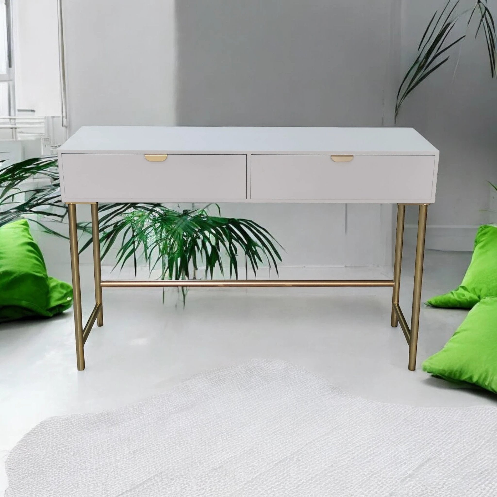 Elegant White Wooden Side Table 120cm Two Drawer Scalloped Edge Gold Leg Bedroom Decor by MSL
