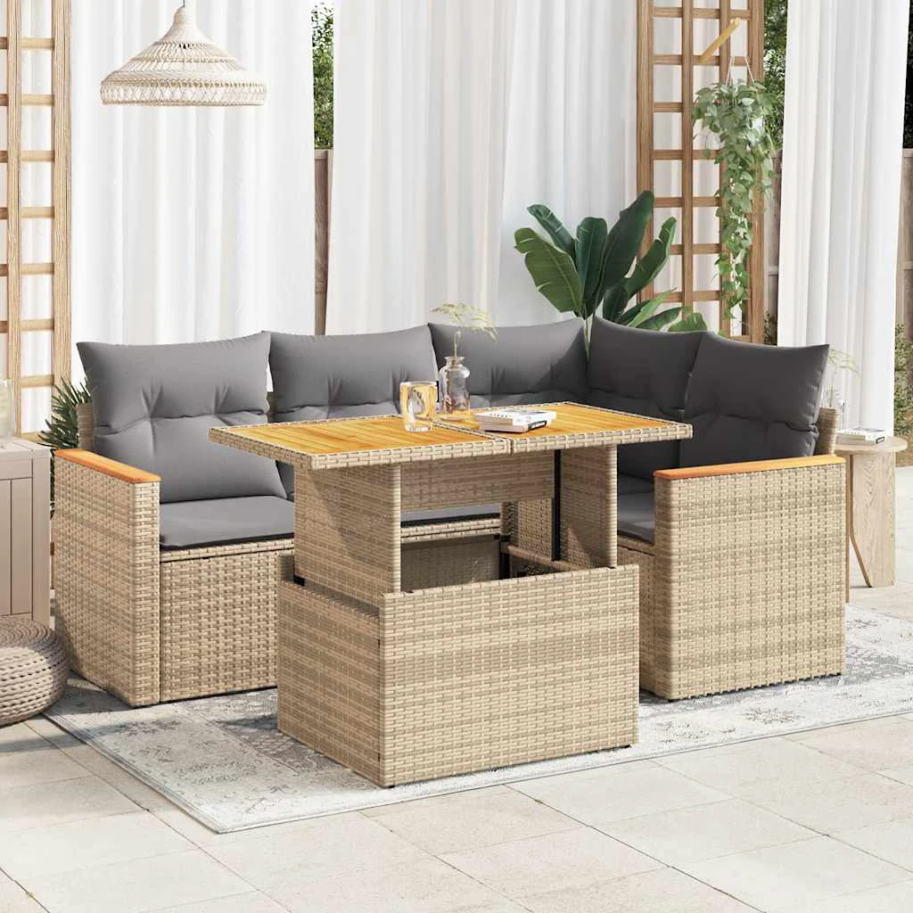 vidaXL 5 Piece Garden Sofa Set with Cushions Black Poly Rattan Acacia by vidaXL