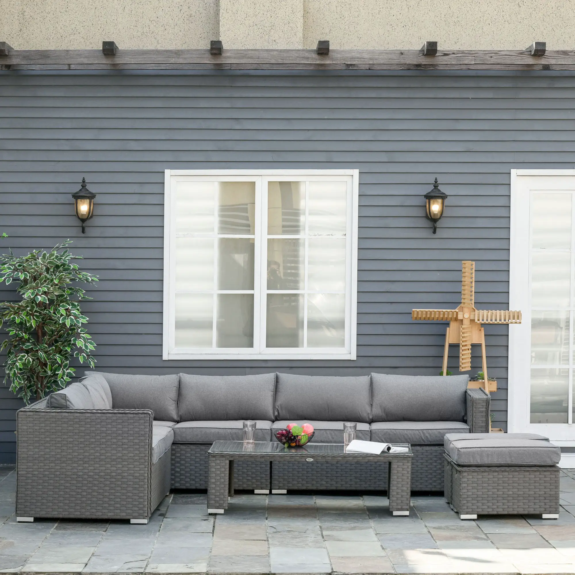 Outsunny 6 PCs PE Rattan Wicker Corner Sofa Set Coffee Table Footstool w/ Cushion - Grey - Garden Sofa Sets