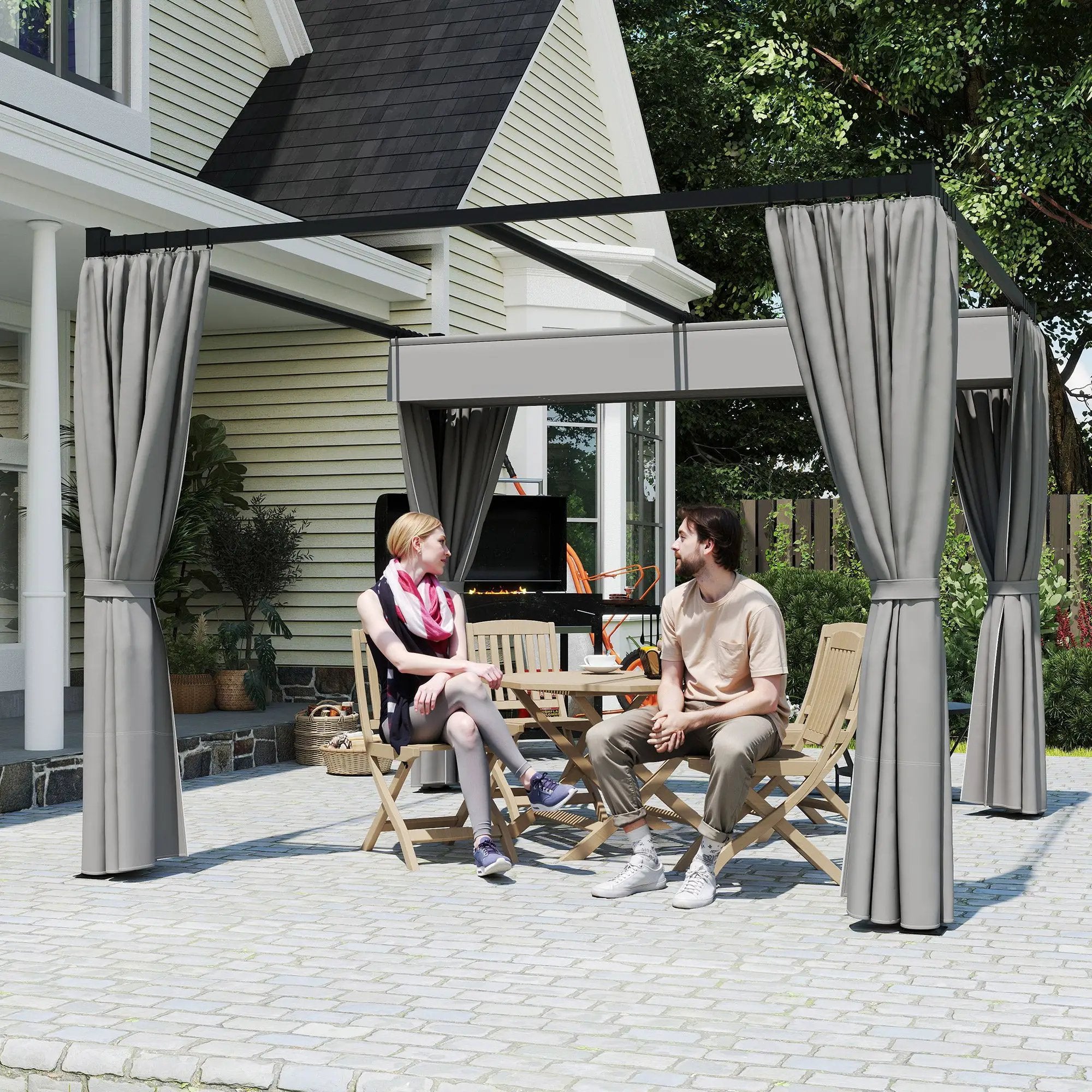Outsunny Outsunny 3 x 3(m) Pergola with Retractable Roof and Curtains, Light Grey - Gazebos