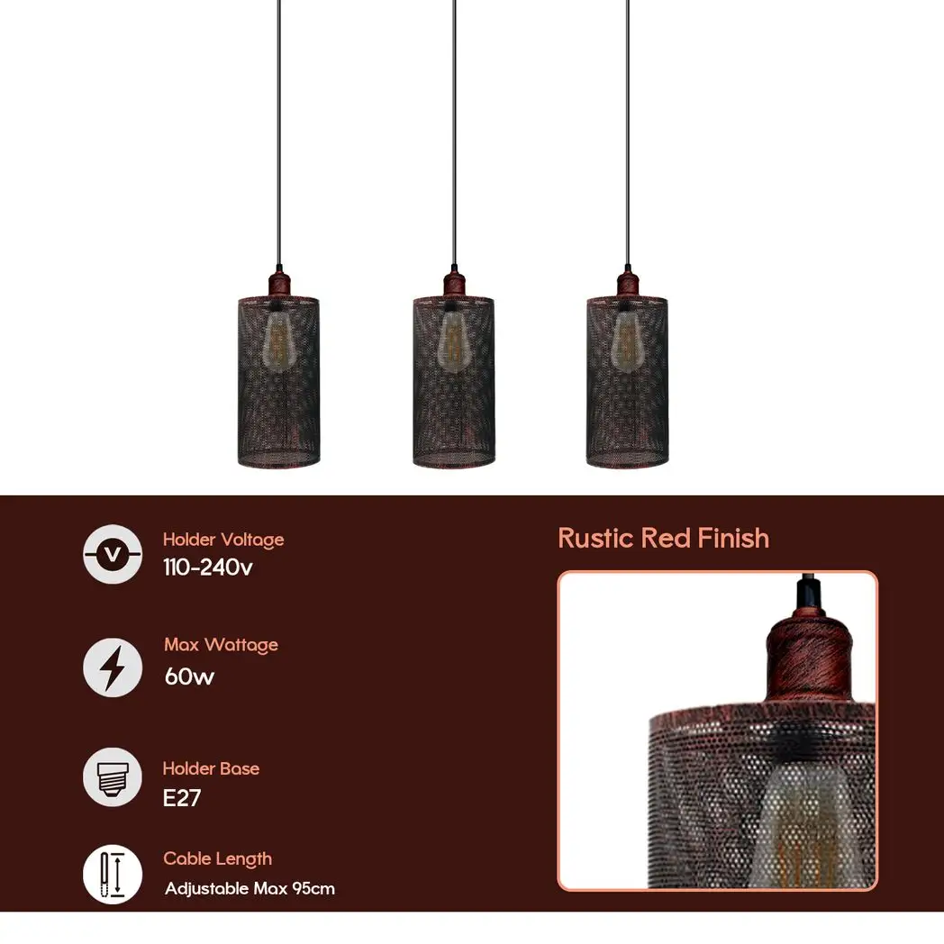 Un-branded Vintage Industrial Rustic Red 3 Head Reactangle Pendant Cord E27 Base Metal Brushed Light Fitting Barel Cage Lamp Shade - Pendant Lights