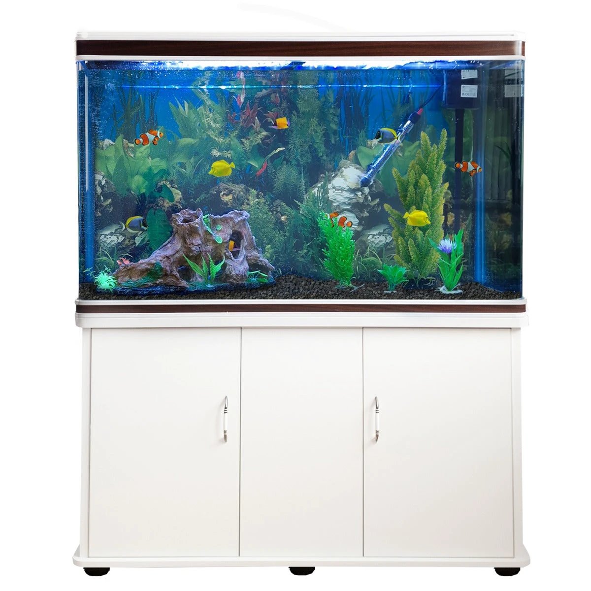 Aquarium Fish Tank & Cabinet with Complete Starter Kit - White Tank & Black Gravel by Monster Shop