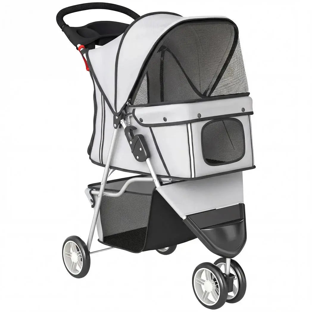 PawHut Dog Stroller, 3 Wheels Foldable Pet Stroller with Adjustable Canopy, Storage Basket for Small Mini Breeds, Grey - from PawHut
