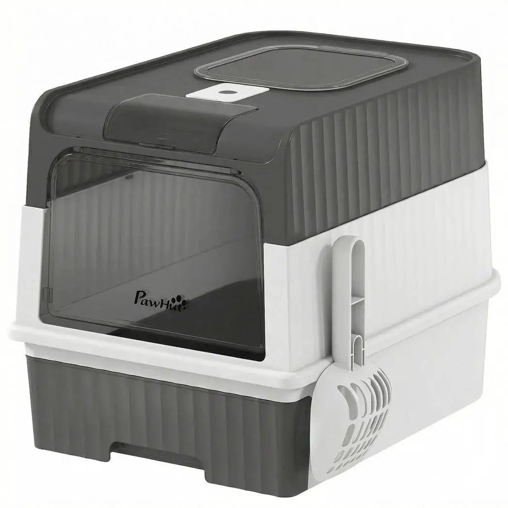 PawHut Enclosed Cat Litter Box with Lid, Pull-Out Drawer Tray, Scoop, 2 Deodorisation Bags, Front Entry & Top Exit, Grey - from PawHut