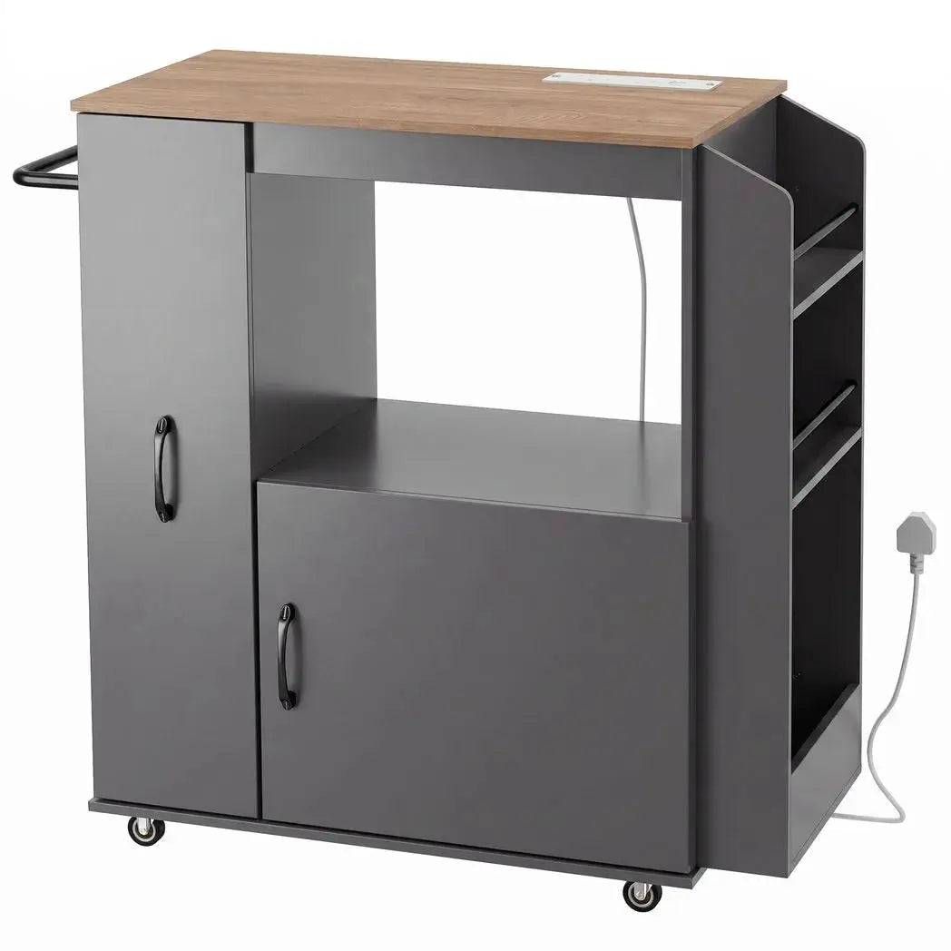 HOMCOM Kitchen Trolley on Wheels, Rolling Kitchen Island Cart with Power Outlet, Cabinet, Pull-Out Drawer, Grey - from HOMCOM