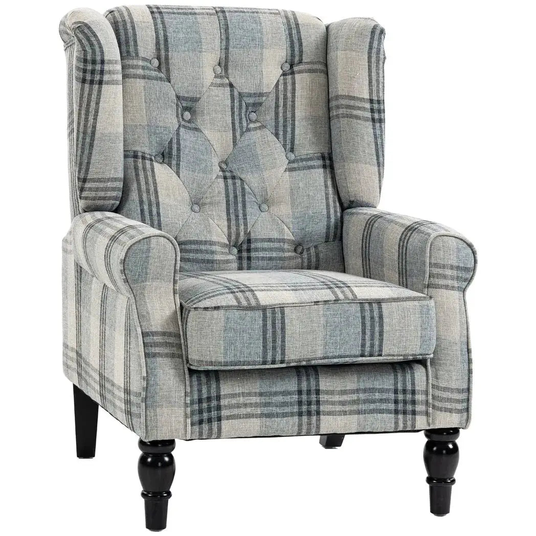 HOMCOM Faux Linen Armchair with Thick Spring Cushion, Wingback Accent Chair with High Back, Solid Wood Legs, Mixed Plaid - from HOMCOM